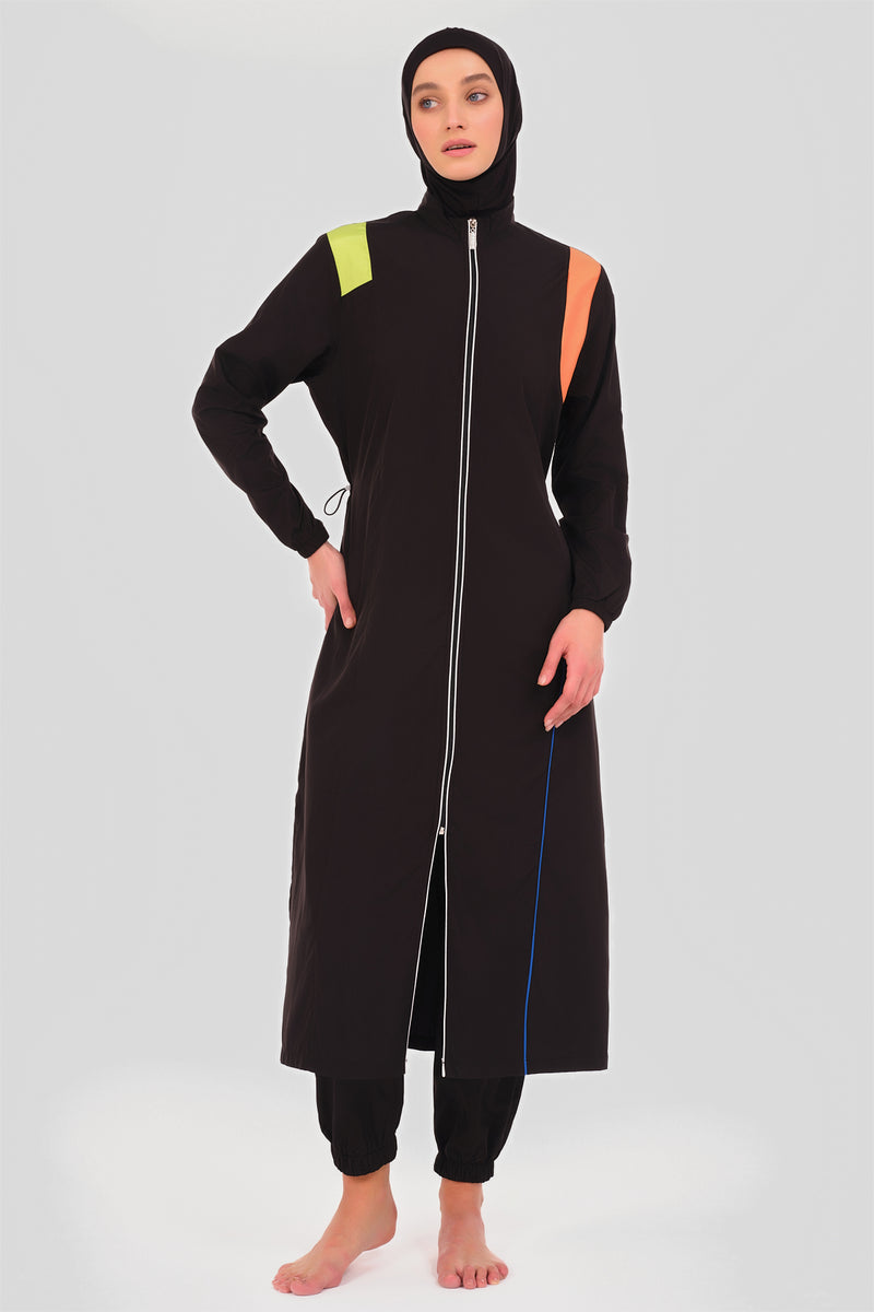 Neon Edge Abaya black modest swim set with neon piping - front view