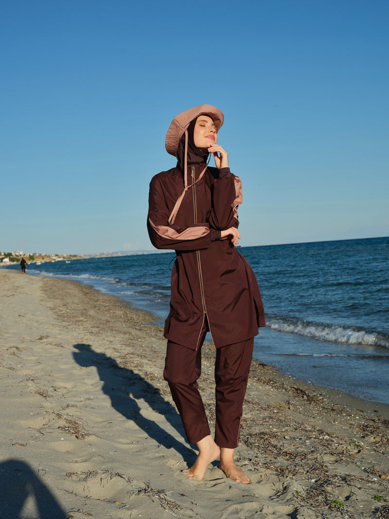 Avela modest swim set in brown - front view