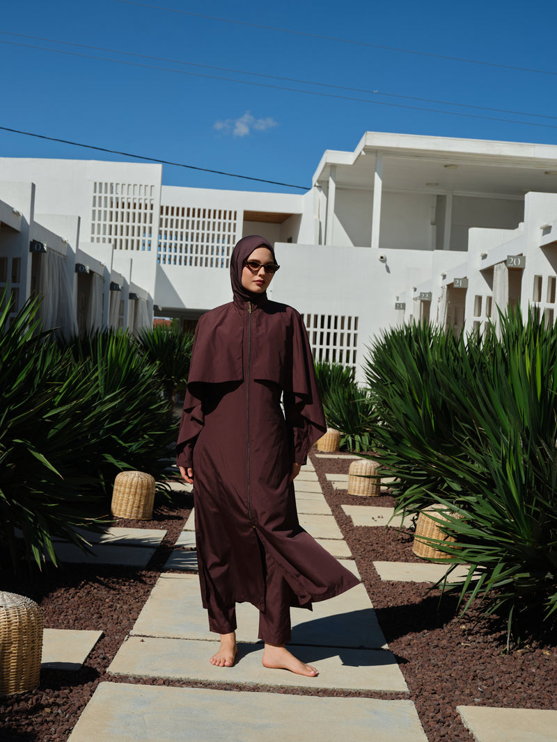 Sahara Veil brown 4-piece modest swim set with cape overlay - front view